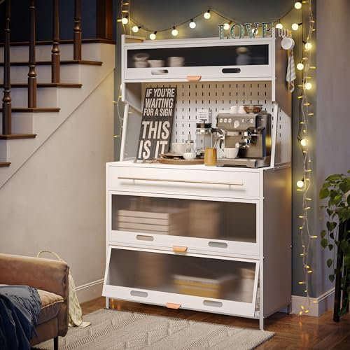NETEL Halboffen Küchenschrank mit Arbeitsplatte und Schubladen, Bäckerregal Küche, Mikrowellenschrank,Küchenregal Stehend mit Türen, Küchenbuffet Buffetschrank, Kaffeeschrank, Weiß, 100x42x168cm
