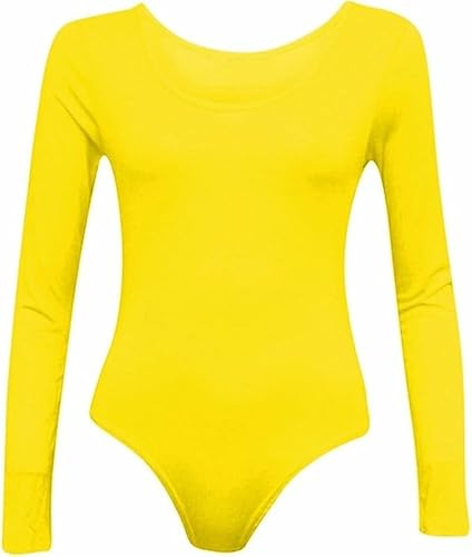 ANZEE Womens Leotard Ladies Round Neck Long Sleeve Plain Stretch Bodysuit For Girls Shapewear Thong Sculpting Body Shaper Jumpsuit Ballet Dance Gymnastics Long Sleeve Leotard (Neon Yellow, One Size)