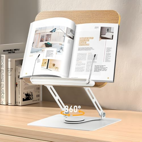 Joyoldelf Atril Para Libros Madera - Atril Estudio Soporte Libros, Atril Para Estudiar con Base Giratoria de 360°, Apoya Atril Lectura Para Leer, Book Holder Reposa Libros Atril De Mesa - Blanca