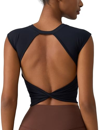 Women's Workout Athletic Shirts Sexy Open Back Sports Bra Tank Top Casual Tight T Shirts with Built in Bra Black