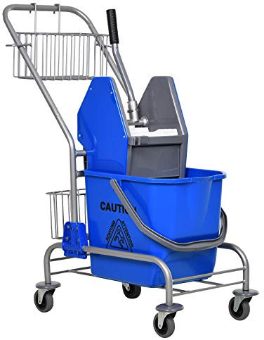 HOMCOM Carrello Pulizie Professionali da 26L con Secchio per Mocio, Carrello Lavapavimenti con Strizzatore, 2 Cestini a Rete in Metallo, Maniglia e 4 Ruote in Plastica, per Hotel Albergo Casa, Blu