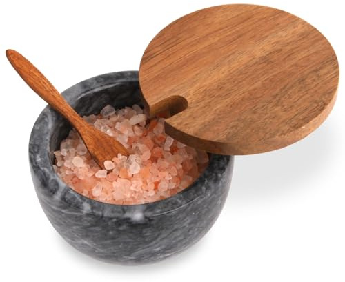 TABHOUKIT Salero Mármol con Tapa y Cuchara Madera, Tazón Negro