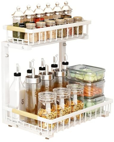 JOUING Küchenschrank Organizer 2 Etagen Schrankkörbe aus Metall Unterschrank Regal UnterWaschbecken Ausziehbarer Korb Spülschrank Organizer für Bad (Weiß, 1pack)