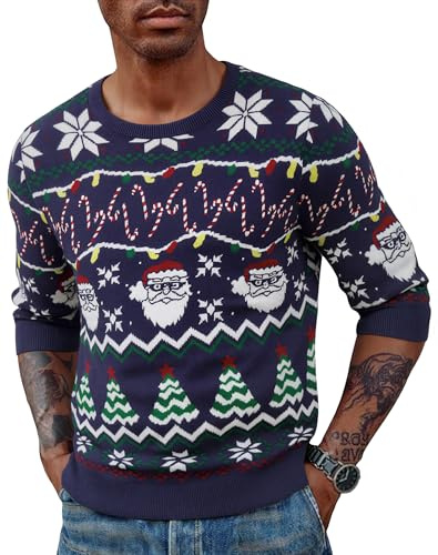 Terecey Suéter Navideño Hombre con Renos y Árbol de Navidad Jersey Navidad Punto de Cuello Redondo y Manga Larga para Invierno y Christmas
