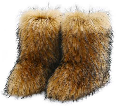 Galindopia Femmes Linda Fluffy Bottes Chaud L'hiver Bottes de Neige with Faux Raccoon Fourrure Chaussures Custome Festival Chaussures Fourrurery Feet Paws Rave Fuzzy Leg Chauder Outdoor Brown Size 40