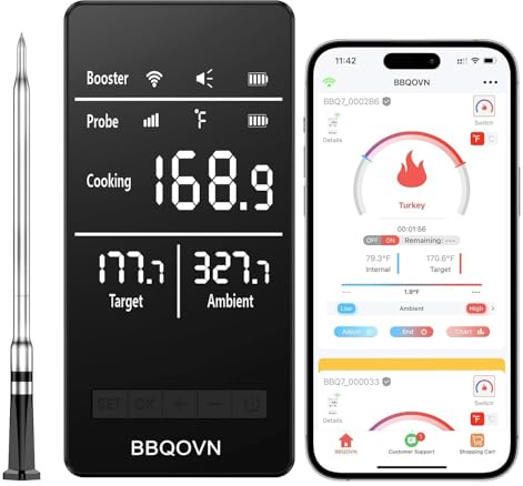 BBQOVN Smart WiFi Wireless Meat Thermometer, Sub-1G Long Range 1000FT, 7 NIST Certified Sensors in 1 Thin Probe ±0.5℉ Accuracy, Standalone Base with Large LED Screen for BBQ Grill Smoker Oven-Black
