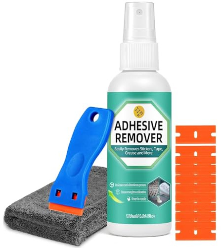 Spray quitapegamento 120 ml, potente removedor de pegamento y disuelva silicona con raspador y paño, adhesivo quita silicona elimina etiquetas, cinta, adhesivos de vidrio, plástico, coche (120 ml)