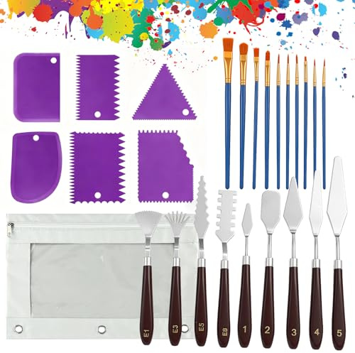 Coltello da pittura, spatola per pittura acrilica, set di spatole 25 pezzi accessori per pittura acrilica, 9 coltelli da tavolozza per pasta strutturale+10 set di pennelli per pittura+6 raschietti