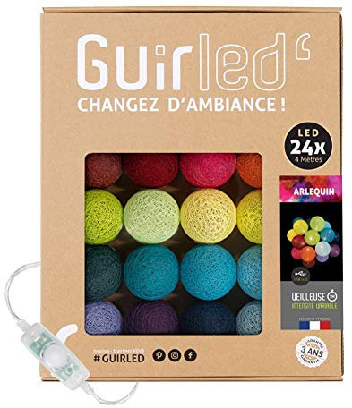 GuirLED - Guirlanda luminoso a LED per batuffoli di cotone USB - Luce notturna per bambini 2h - Alimentatore doppio USB 2A incluso - 3 intensità - 32 sfere 2,4m - Arlequin