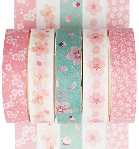 YUBX 5 Rolls Washi Tape Set Creative Basic Thin Decorative Tapes for Art, DIY Crafts, Bullet Journals, Planner, Scrapbooking, Packaging (Sakura)