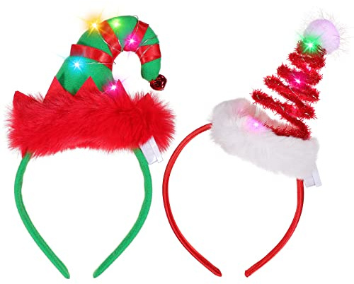 FRCOLOR Light Up Christmas Headbands for Women 2Pcs Elf Hat Headband Christmas Tree Hair Hoop for Xmas Holiday Party Favors Adults Kids