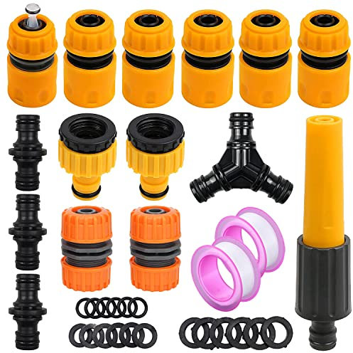 Miyobing Garden Hose Fitting Set: Nozzle, Hose End Quick Connector, Hose Repair Connector, Waterstop Accessory, Double Male, Y Coupling, 2in1 Threaded Tap Connectors, PTFE Tape etc