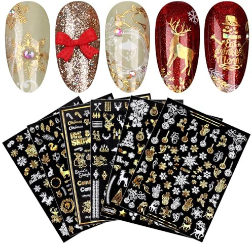 jmeowio 9 Sheets Christmas Nail Art Stickers Decals Self-Adhesive Gold White Reindeer Nail Supplies Nail Art Design Decoration Accessories