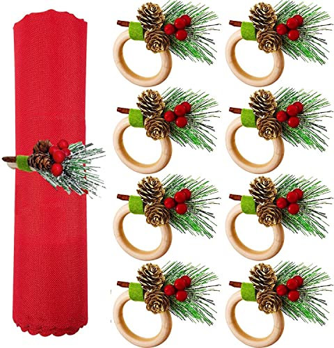 KAHEIGN 8Pcs Christmas Napkin Rings, Wooden Napkin Holders with Pine Cone Red Berry Snowflake Rustic Napkin Buckle for Christmas Lunch Thanksgiving New Year Wedding Party Table Decoration