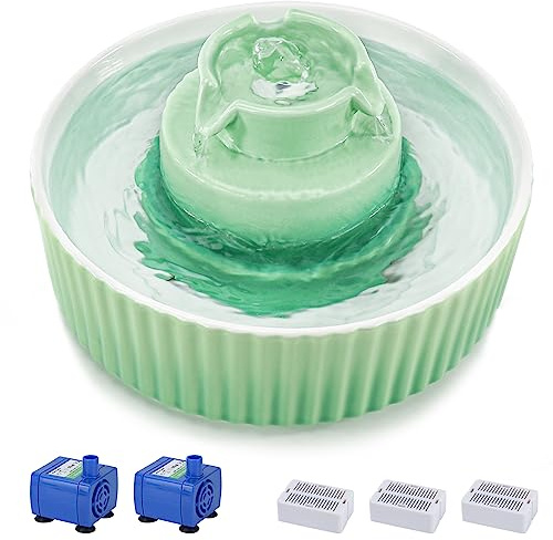 Lawfery Ceramic Cat Water Fountain, 2.1L/71oz Cat Fountain with 3 Carbon Filters and 2 Water Pumps, Cupcake Pet Water Fountain for Cats and Dogs (Green)