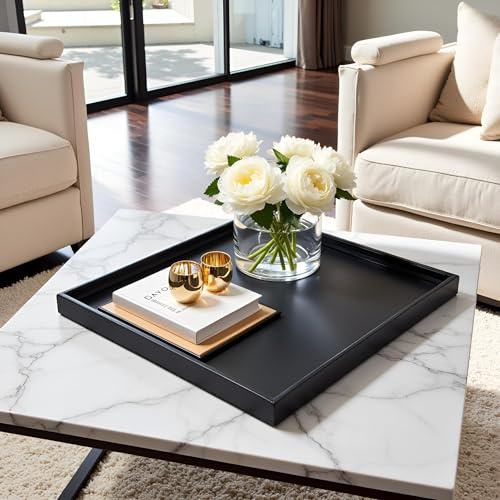QAVOL 30 x 30 inches Luxury Leather Square Oversized Service Tray, Ottoman & Coffee Tray for Family Dinner, Out-of-House Picnic & Party (30 inch Black)