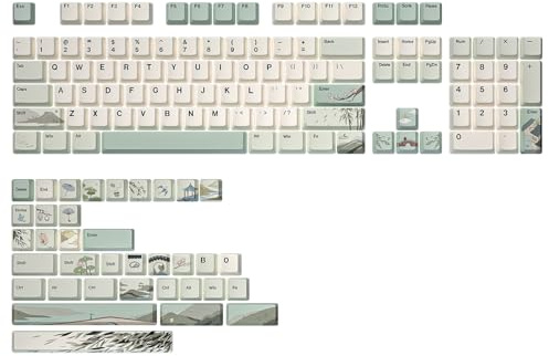 YUNZII Spring Tea Dye Sub PBT Keycaps,140 Full Keys Dye Sublimation PBT Custom Keycap Set with Key Puller for Cherry Gateron MX Switches Mechanical Gaming Keyboard (Cherry Profile, Spring Tea)