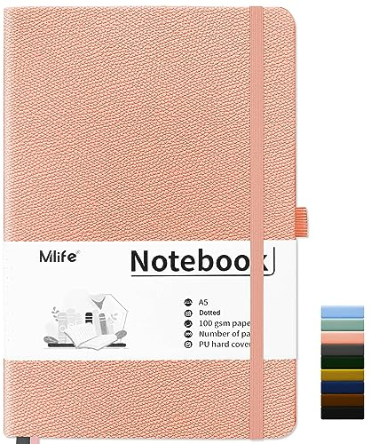 Mlife A5 Notebook-Bullet Dotted Journals,200 Pages Hardcover Dotted Notebook,100 Gsm Thick Paper,PU Hard Cover,Notepad 5.75 x 8.38for Planning, Study, Travel, Drawing, Sketching and Projects-Pink