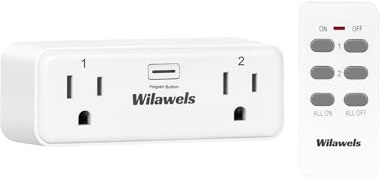 Remote Control Outlet with 2 Independent Control Sockets, WILAWELS Wireless Remote Light Switch for Christmas Tree Lights, String Lights 15A/1875W/125V, Compact, Programmable, FCC Certified W04RC1106