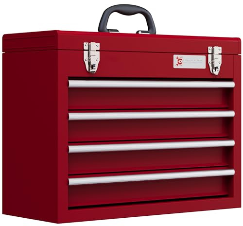 DURHAND 4 Drawer Tool Chest, Lockable Metal Tool Box with Ball Bearing Runners, Portable Toolbox, 510mm x 220mm x 395mm, Red