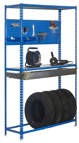 SimonRack Reifenregal, Reifenständer, inklusive Werkzeugtafel mit Zubehör, 2000 x 1000 x 400 mm, Regal für 6 Reifen, 1 Schublade, Blau/Galva - Simonauto