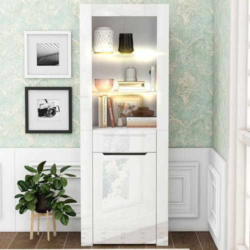 KOMHTOM Armario de vitrina blanco estrecho, aparador con cinco estantes y un cajón, armario multiusos para salón, dormitorio, pasillo, comedor (D)