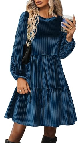 Zeagoo Abito di Velluto Donna Elegante Manica Lunga Invernali Abiti Vita Alta Vestiti con Tasche Scollo Rotondo Linea A Casual Vestito Blu Navy M