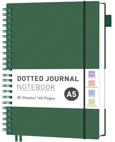 RETTACY A5 Spiral Notebook, Dotted Journal, 160 Pages, Dark Green | Flexible Plastic Cover Notepad, 100 GSM Thick Bullet Paper, for Women Men Work Office School - 14.5 × 20.7 cm