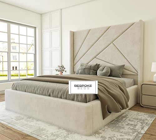 BESPOKE BEDS Upholstered Bed Frame, Ottoman Storage Bed Frame, Double Bed with Storage, Winged Plush Velvet Bed Frame, Double King,Super King Bed Frames (Silver Plush Velvet, 6FT SUPER KING)