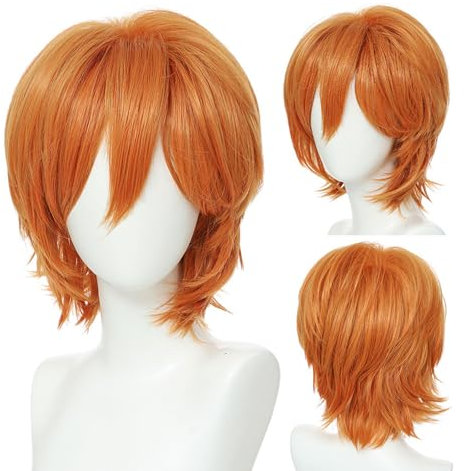 FOUNSHO Anime Parrucca Corti Arancione per Uomo Donna, 12 Inch/30 cm Adulto Cosplay Parrucca Corta Lisci da Uomo, Anni '70 '80 Costumi Parrucca, Corta Capelli Parrucca per Halloween (Arancione)