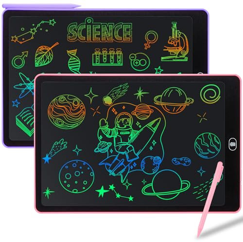 Damcyer Tablette D'écriture LCD 15 Pouces-2 Pack,LCD Tablette Dessin avec Ecran Coloré,Bloc D'écriture Effaçable avec des Autocollants D'animaux,pour Garçons et Filles de 3 4 5 6,Rose + Violet