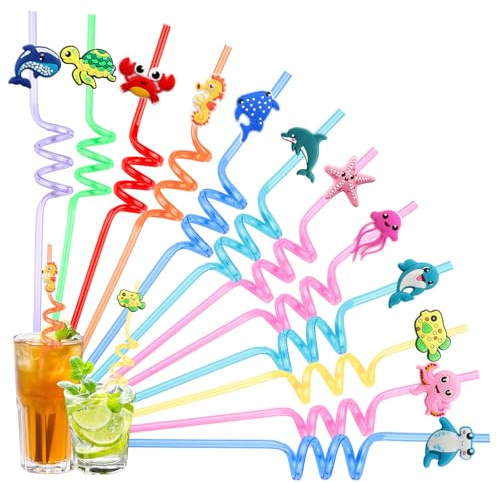 12 pezzi di cannucce per bambini, cannucce riutilizzabili, cannucce a tema animali marini per feste di compleanno dei bambini, cannucce colorate in plastica, cannucce di plastica per la decorazione