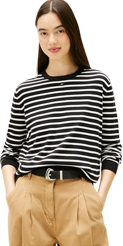 Tommy Jeans Women’s Essential Crew Cotton Jumper, Blue (Black/Ecru Stripe), M