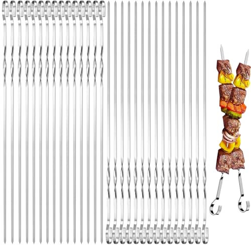 Mino Plus 30pcs Brochettes de Barbecue,Brochettes en MéTal,40cm Pique Brochette Inox,Brochettes en métal Plat,Brochette Réutilisables pour Barbecue Viande légumes,Brochettes Pour Griller (A)