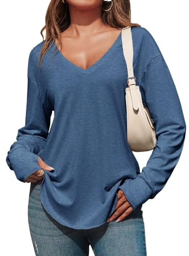 Fisoew T-Shirt à Manches Longues pour Femme - Col en V Profond - Manches Longues - T-Shirt Long - Chemisier Oversize - Long - Tunique - Hauts avec Trou pour Le Pouce, Bleu foncé, L
