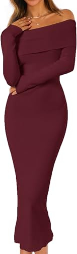 ELFIN Robe en Tricot élégante pour Femme Robes de Cocktail de soirée Épaules dénudées Manches Longues de Mariage Moulante