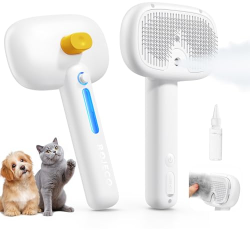 ROJECO Brosse pour chat avec vapeur, brosse multifonction 3 en 1 contre les sous-poils et les nœuds, 3 modes de pulvérisation et auto-nettoyage, pour poils longs, poils courts, chats, chiens
