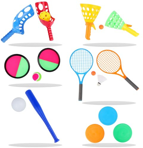Set da gioco 6 in 1 per esterni e interni, con palla da lancio e cattura, disco volante morbido, paletta e lancio, mazza da baseball, racchetta da tennis