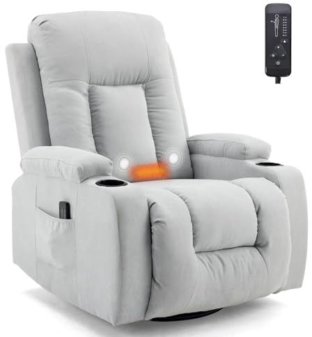 LEADZM Fernsehsessel Relaxsessel mit 360°-Drehung, Elektro-Massagesessel mit Liegefunktion, Massage, Heizung, 2 Seitentaschen und Getränkehalter, TV-Sessel mit Liegeposition, Hellgrau
