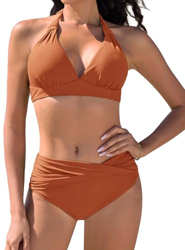 Vijamiy Traje de Baño para Mujer Bikinis Push Up Bañadores Dos Piezas Conjunto Top de Bikini con Cuello Halter(Amarillo Intenso,XL)