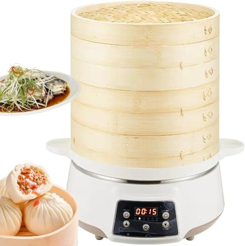 Vaporiera Elettrica per Alimenti Pentola A Vapore Veloce da 8 Litri in bambù con Prenotazione Intelligente 24 Ore su 24 E Timer da 60 Minuti 3 Livelli di Regolazione della Potenza Fornello