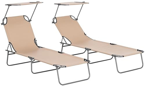 Outsunny Set di 2 Lettini Prendisole da Giardino Pieghevoli con Tettuccio Schienale Regolabile, Sdraio da Giardino in Tessuto Oxford e Metallo, per Spiaggia, Piscina, 187x58x36 cm, Marrone