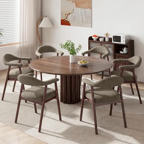 MALOL Wooden Dining Chairs Set of 6, Fabric Chairs for Dining Room with Armrest, Upholstered Kitchen Chairs with Curved Back and Wood Legs for Dining Room, Kitchen, Living Room, Camel