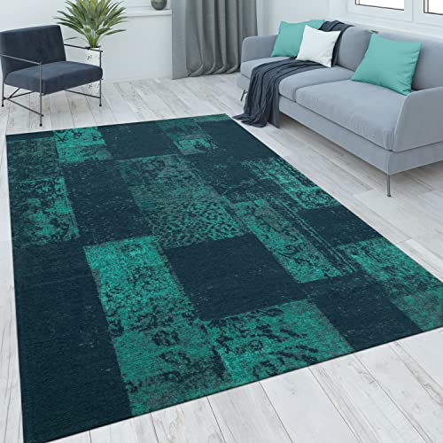 Paco Home Teppich Wohnzimmer Schlafzimmer Kurzflor Vintage Orientalisches Abstraktes Muster Ornamente Moderne Deko, Grösse:120x170 cm, Farbe:Türkis