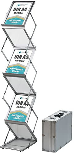 DisplayLager - Prospektständer, Faltbar Inkl. Tragekoffer aus Alu. Bodenprospektständer Hochformat Falt-Prospektständer (Silber, A4)