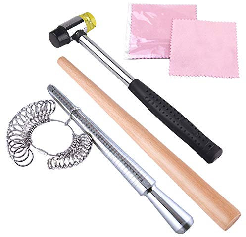 KUUQA Ringdorn aus Metall, Ringgrößenmessgerät, Ringgrößenmesser, Gummihammer, Holzringdorn, Einstellstab mit 2 Stück Schmuckpoliertüchern zur Schmuckherstellung