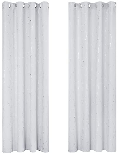 Deconovo Super Soft Silver Dotted Line Foil Printed Blackout Curtains Window Treatment Pair Curtains Eyelet Bedroom Curtains for Kids Rooms with 55 x 90 Inch Silver Grey Two Panels