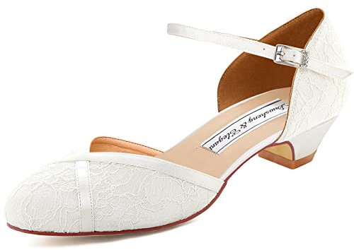 Duosheng & Elegant HC2023 Komfort Runde Zehen Krauze Bände Niedriger Absatz Flache Lace Satin Hochzeitsschuhe Brautschuhe Ivory Gr. 42