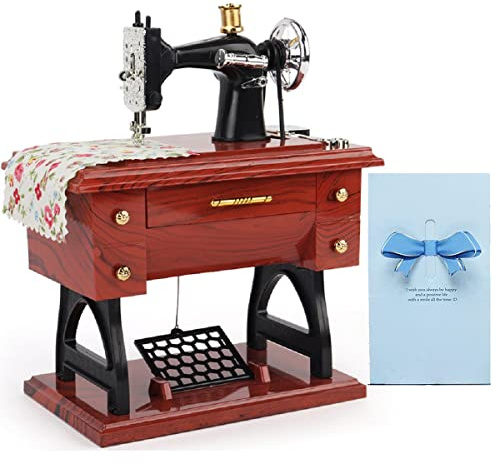 Sewing-Machine-Music-Box-Vintage-Hand-Cranked-Mechanism Mini Musical Retro Classical Table Desk Decoration with Greeting Card