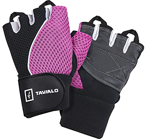 TAVIALO Guantes de Fitness para Mujer S (13-16 cm), Color Rosa/Negro/Blanco, Guantes de Gimnasio Mujer para Crossfit Bodybuilding Bicicleta Entrenamiento Deporte. Palma en Piel, Dorso Transpirable